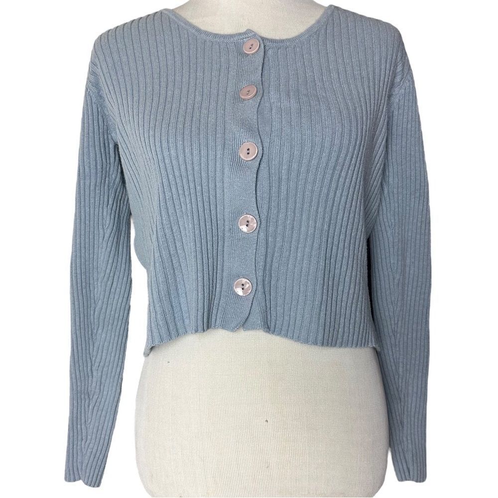 Y2K Blue Button Up Cropped Sweater Cardigan Shirt